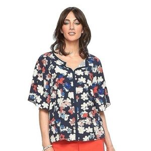 Elle Navy Floral Blouse L Flutter Sleeve Boho Lightweight Top